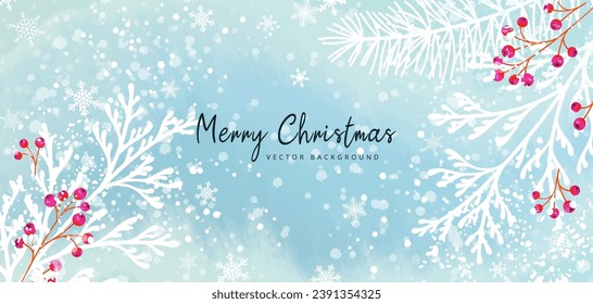 Christmas artistic abstract design. Winter snowy vector background with pine branches, berries and snowflakes for banner, poster, wallpaper, greeting card, advertising