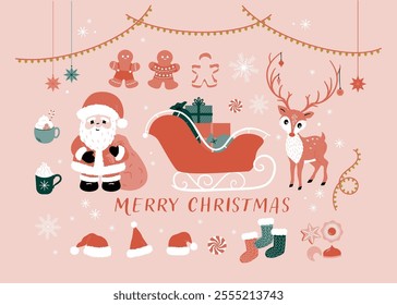 Christmas assets that include Santa Claus, sleigh, red nose reindeer, gingerbread men, cookie cutter, cookies, light chains, Santa hats, peppermint, stockings, snow flakes and holiday drinks 