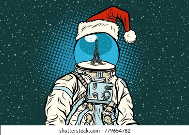 Christmas astronaut with dreams of Paris. Pop art retro vector illustration.