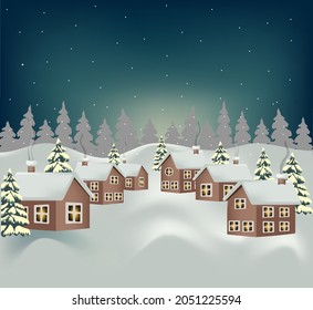 Christmas atmosphere with trees and falling snow in the village