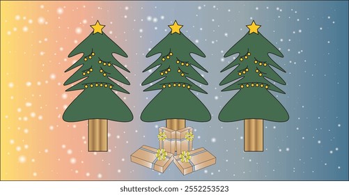 Christmas atmosphere when among the 3 Christmas trees there are 4 Christmas gifts decorated with golden colors. 