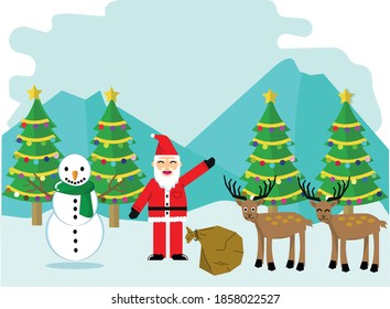 Christmas atmosphere in winter with snowman, Santa Claus and reindeers