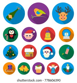 Christmas attributes and accessories flat icons in set collection for design. Merry Christmas vector symbol stock web illustration.