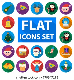 Christmas attributes and accessories flat icons in set collection for design. Merry Christmas vector symbol stock web illustration.