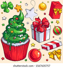 Christmas Attributes colorful vector illustration set. Isolated on background. For clothes and graphic design, prints, posters, package, greeting cards and invitations. Christmas and New Year design