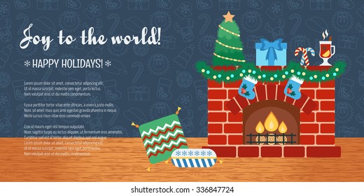 Christmas attributes. Christmas holidays. Horizontal Christmas gift card. Joy to the world. Flat design. Vector illustration
