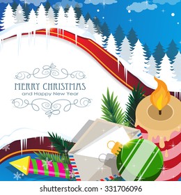 Christmas attributes on winter forest background. Merry Christmas and new year background