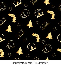 Christmas attributes seamless pattern for New Year and Christmas designs. Tree, holly, snowball, stars, happy new year 2021. Festive design template for wrapping paper.