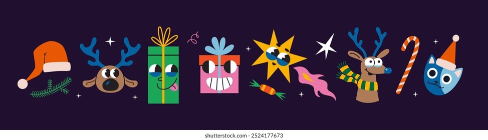 Christmas attributes, vintage groovy characters, Santa hat, gifts, reindeer, cat and decorative elements. Trendy modern vector illustration on dark background, hand drawn, flat design