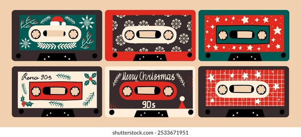 Weihnachts-Audio-Kassetten-Set. Retro-Design, Vektorgrafik. 