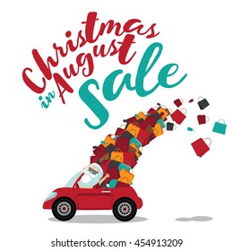 Christmas In August Sale Santa Claus driving a convertible overloaded with shopping bags design. EPS 10 vector.