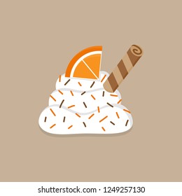 Christmas, autumn whipped cream vector illustration icon. Cute decorated dollop of cream with sprinkles, orange and roll. Isolated on beige background.