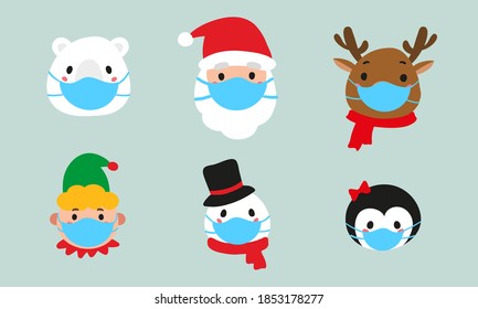 Christmas avatars in protective face mask. Cute reindeer, Santa Claus, elf, snowman, penguin and polar beаr.  