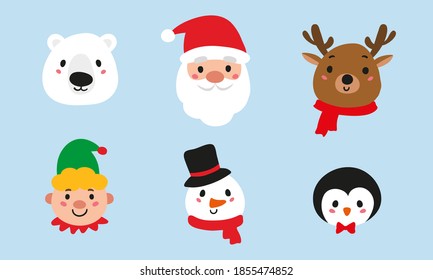 Christmas avatars set. Cute reindeer, Santa Claus, elf, snowman, penguin and polar beаr.  