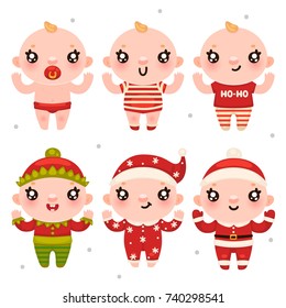 Christmas babies, different costumes, set, cartoon characters, vector.