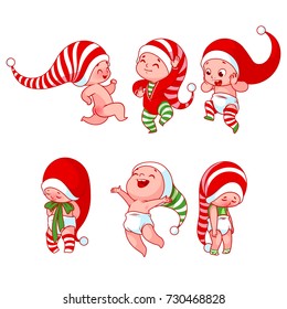 Christmas babies with different emotions in various festive costumes. Vector cartoon illustration.