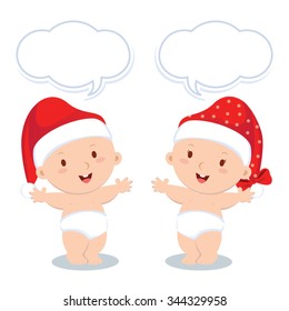 Christmas babies standing. Little baby boy and girl with speech bubbles.