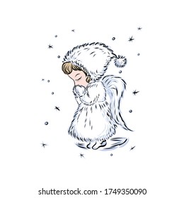 Christmas baby angel prays to God with clasped hands. Coloring book with symbol of god of man. Happy baby. Concept of resurrection of Jesus Christ. Christmas, Easter design. 