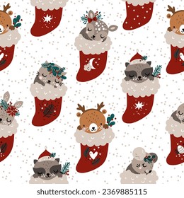 Christmas baby animals seamless pattern, cute rabbit fabric design. Sweet deer textile pattern on white dots backgrond