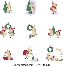 Christmas baby cute deer s set with gift. Winter mood. Christmas illustration. Greeting card animal winter design decoration new years eve. Baby shower cartoon clip art
