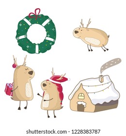 Christmas baby cute deer's with gift and little house. Christmas illustration. Greeting card animal winter design decoration