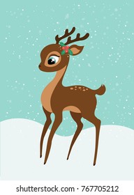 A Christmas baby deer with a snowy  background, a cute cartoon character.