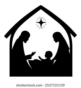 Christmas, baby Jesus in the manger with Mary and Joseph vector black silhouette 