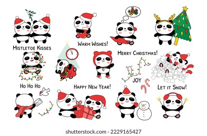 Christmas baby pandas vector illustration isolated on white background. Cute panda bear characters with ornaments, gift boxes, fir trees and garlands. Christmas wishes