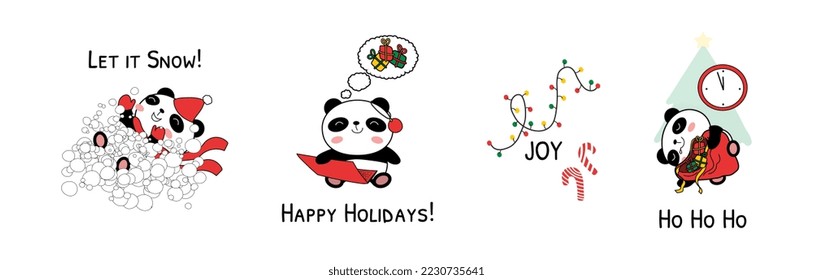 Christmas baby pandas vector illustration isolated on white background. Doodle panda bear characters with snowdrift, laptop, fir tree and bag of gifts. Christmas phrases