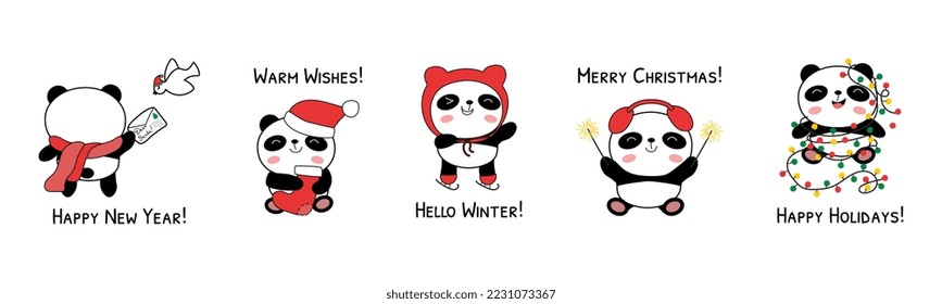 Christmas baby pandas vector illustration isolated on white background. Doodle panda bear characters with sparklers, garland, xmas sock, letter to Santa. Christmas phrases