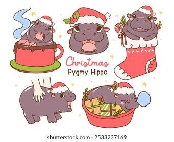 Christmas Baby Pygmy Hippo Hand Drawn Cartoon Characters collection