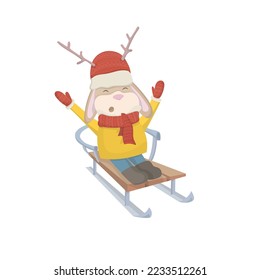 A Christmas baby rabbit in New Year's clothes rides a sleigh ride