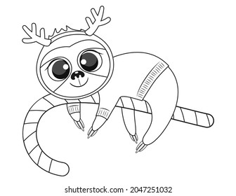 Christmas baby sloth colouring book page. Vector illustration.