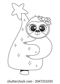 Christmas baby sloth colouring book page. Vector illustration.