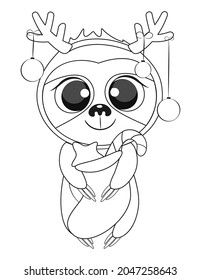 Christmas baby sloth colouring book page. Vector illustration.