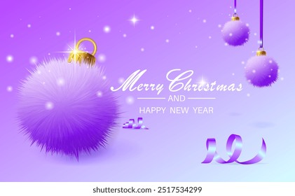 Christmas backdrop of 3D three purple fluffy Christmas tree balls on a purple-blue background with the inscription.One big fluffy ball.Idea for a festive Christmas,New Year's card.Fairytale backdrop.