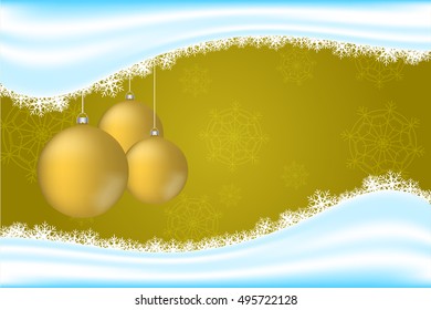 Christmas backdrop with snowflakes, snow wave and three gold or yellow christmas balls decoration. Golden background with realistic rounded christmas decoration.