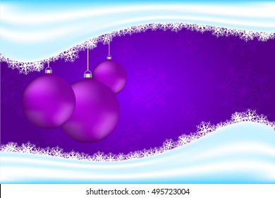 Christmas backdrop with snowflakes, snow wave and three purple christmas balls decoration. Violet background with realistic rounded christmas decoration.