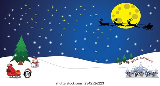 Weihnachtshintergrund mit Mond und Schneemann mit Feliz navidad Schreiben, das heißt frohe Weihnachten
