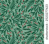 Christmas backgroud, foliage, green, berries, leaves, holy tree, mistletoe, fabric, texture, wallpaper, winter, abstract, pattern, flat style, natural, vector illustration, season, wrapping paper. 