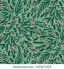 Christmas backgroud, foliage, green, berries, leaves, holy tree, mistletoe, fabric, texture, wallpaper, winter, abstract, pattern, flat style, natural, vector illustration, season, wrapping paper. 