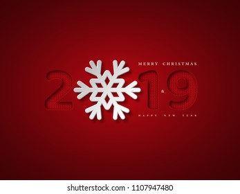 Christmas background with 2019 and snowflake. Paper cut style with red background and knitted pattern inside numbers, vector illustration.