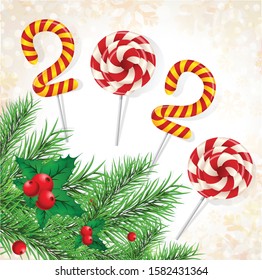 Christmas background 2020 of candy with snow and a Christmas tree