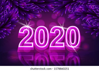 Christmas background 2020 with Christmas tree branches and neon inscription