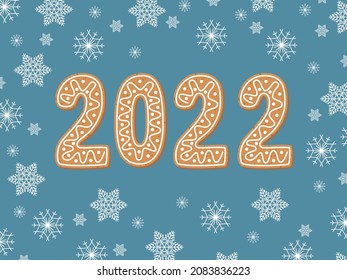 Christmas background with 2022 text composed of traditional gingerbread cookies and snowflakes. Vector illustration