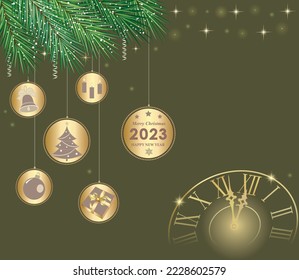 Christmas background 2023 with elements of festive decor and clock. New Year's symbols on golden balls hanging from fir branches. Vector illustration