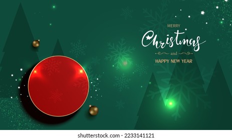 Christmas background, 3D circle podium for product display Top view in shiny luxury style. Abstract background. Christmas green background. Vector illustration