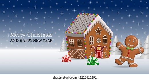 christmas background with 3d gingerbread landscape. christmas card with gingerbread man and gingerbread house