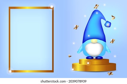 Christmas background, 3d gnome and gold frame for text. Copy space. Christmas holiday. Vector.