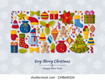 Christmas background with 3d paper cut signs. Cute kids toys and accessories. Snowfall at the back. New Year greeting card or banner concept. Vector illustration.